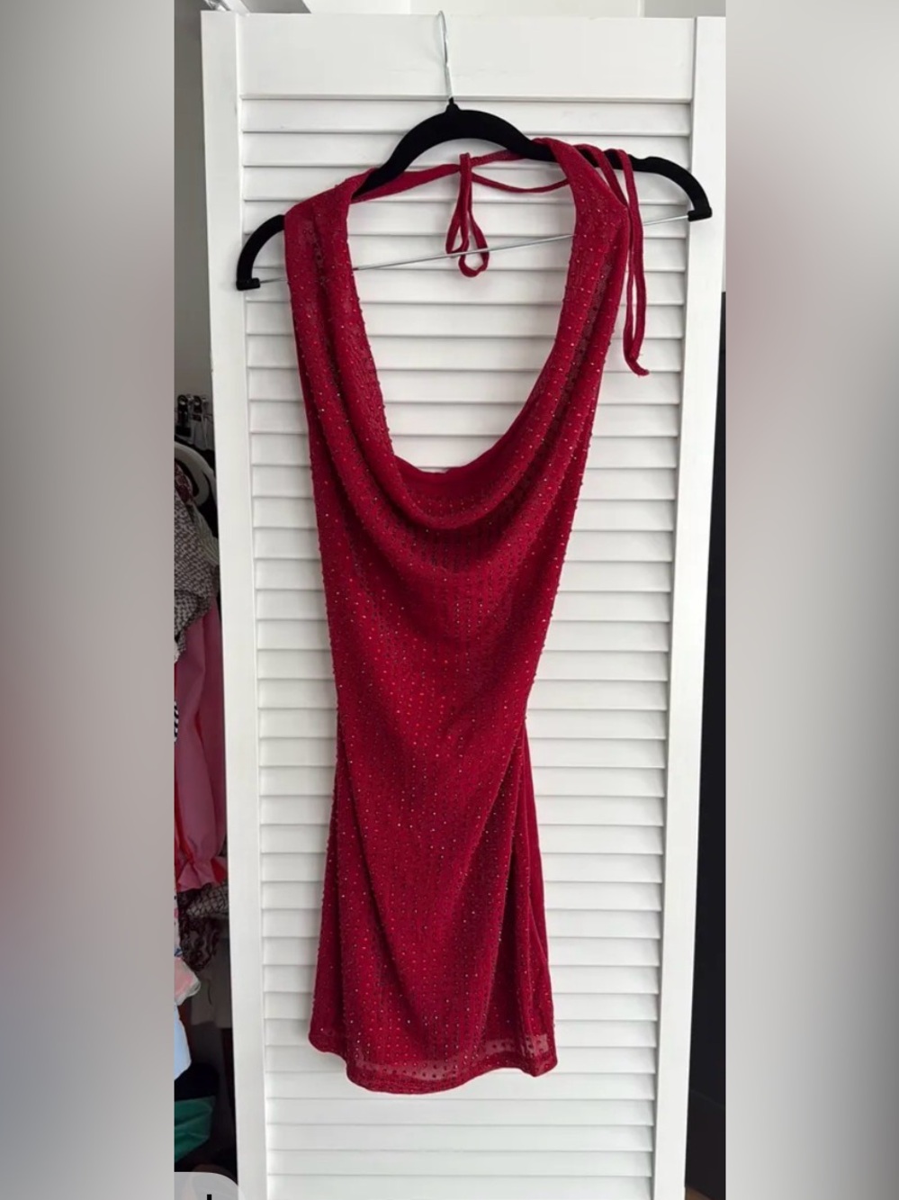 SHEIN Red Beaded Cowl Neck Mini Dress